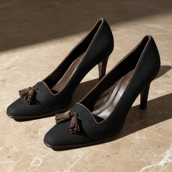 Ralph Lauren Caryl Gray Wool Flannel Pumps with Brown Suede Trim & Tassels Sz 10 - Picture 11 of 11